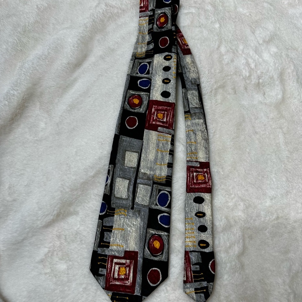 Geometric Patterned Tie - Black, Gray, Red, Blue
